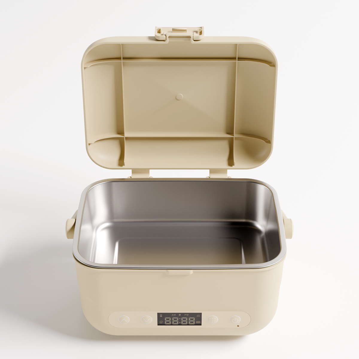 Oatmeal Cordless Heated Lunch Box opened to show the empty stainless steel food container