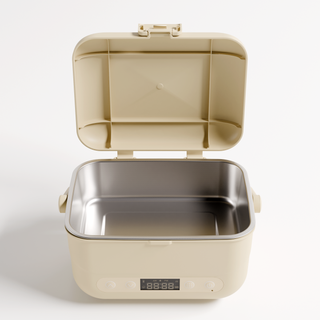 Oatmeal Cordless Heated Lunch Box opened to show the empty stainless steel food container