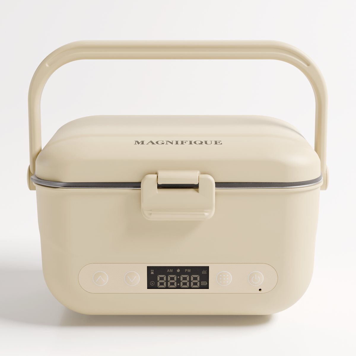 Oatmeal Cordless Heated Lunch Box with carry handle and digital display, front view