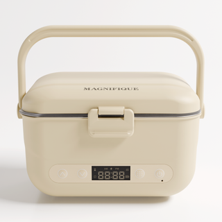 Oatmeal Cordless Heated Lunch Box with carry handle and digital display, front view