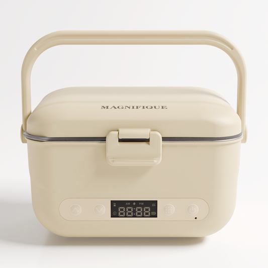 Oatmeal Cordless Heated Lunch Box with carry handle and digital display, front view
