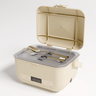 Oatmeal Cordless Heated Lunch Box opened with utensils stored in the lid compartment