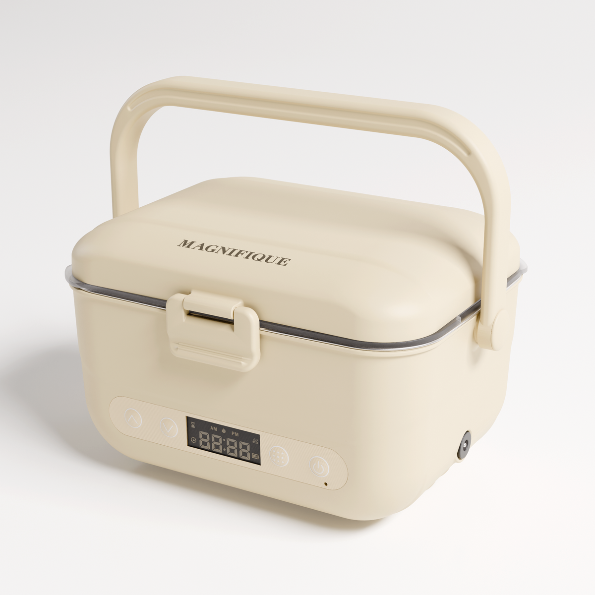 Oatmeal Cordless Heated Lunch Box with handle raised, angled view