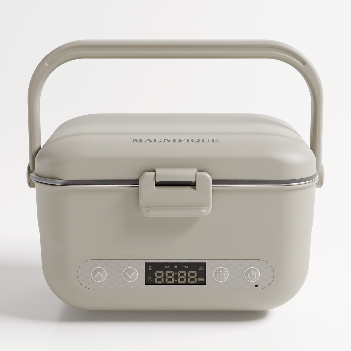 Earl Gray Cordless Heated Lunch Box with carry handle and digital display, front view