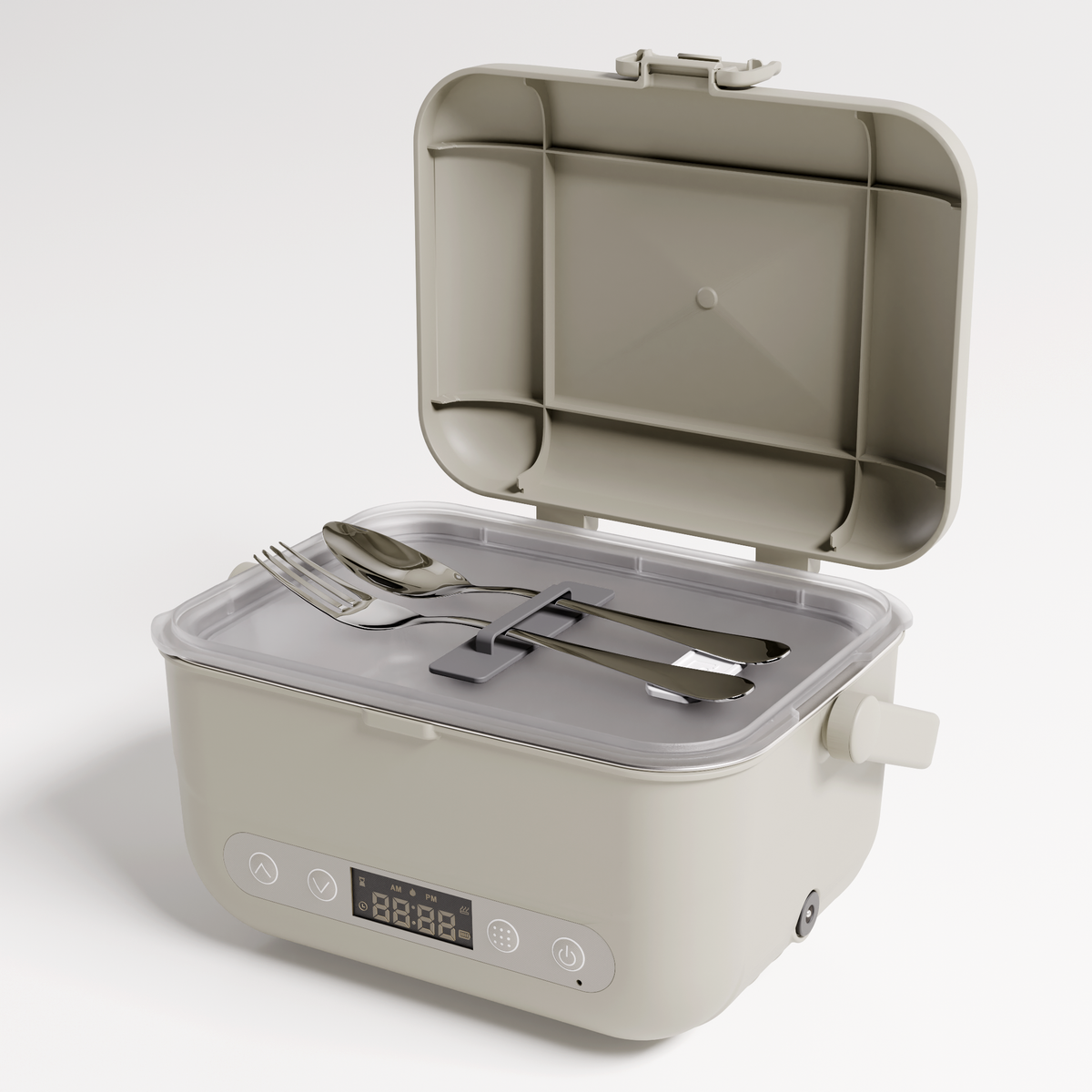 Earl Gray Cordless Heated Lunch Box opened with utensils stored in the lid compartment