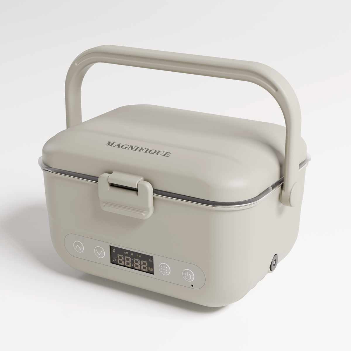 Earl Gray Cordless Heated Lunch Box with handle raised, angled view