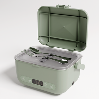 Sage Cordless Heated Lunch Box opened with utensils stored in the lid compartment