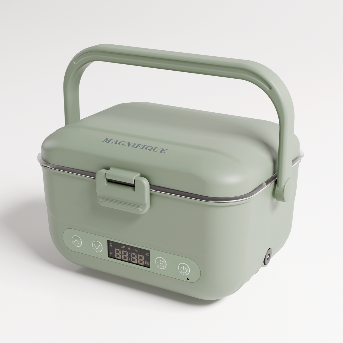Sage Cordless Heated Lunch Box with handle raised, angled view