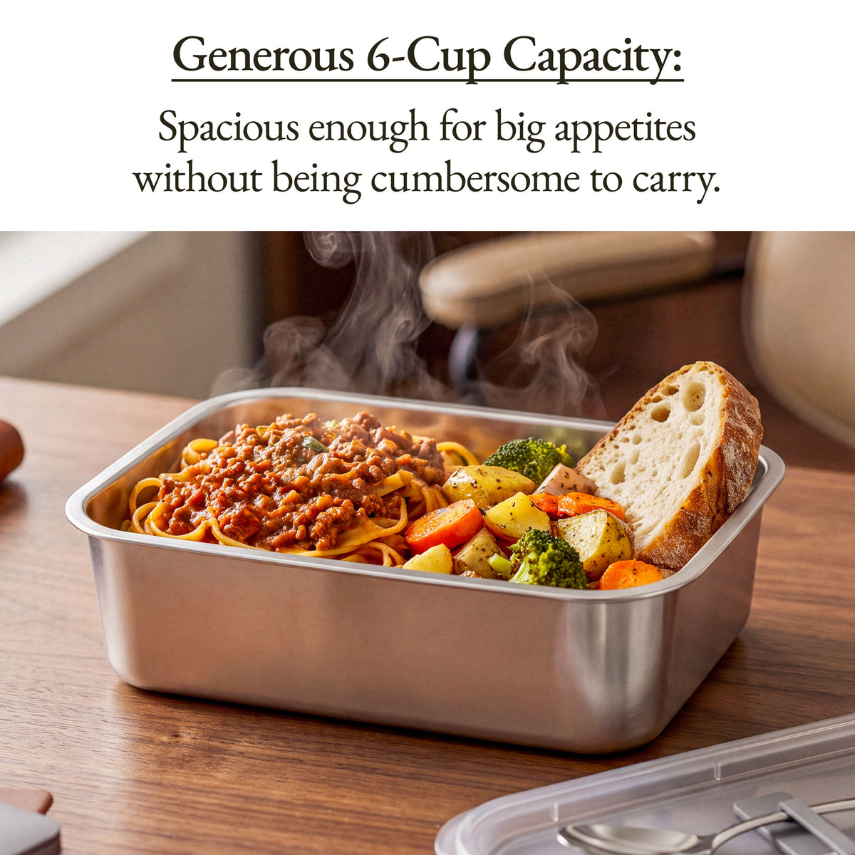 Stainless steel container with pasta, vegetables and bread, generous 6-cup capacity
