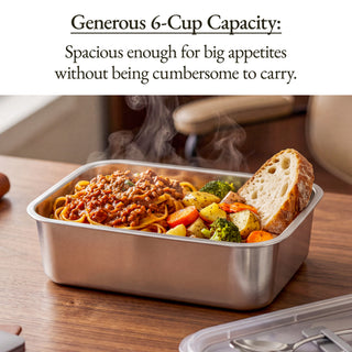 Stainless steel container with pasta, vegetables and bread, generous 6-cup capacity
