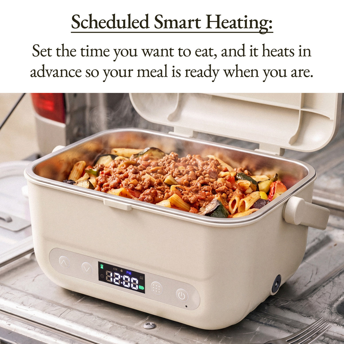 Oatmeal Cordless Heated Lunch Box heating a meal with a scheduled timer so food is ready when you are