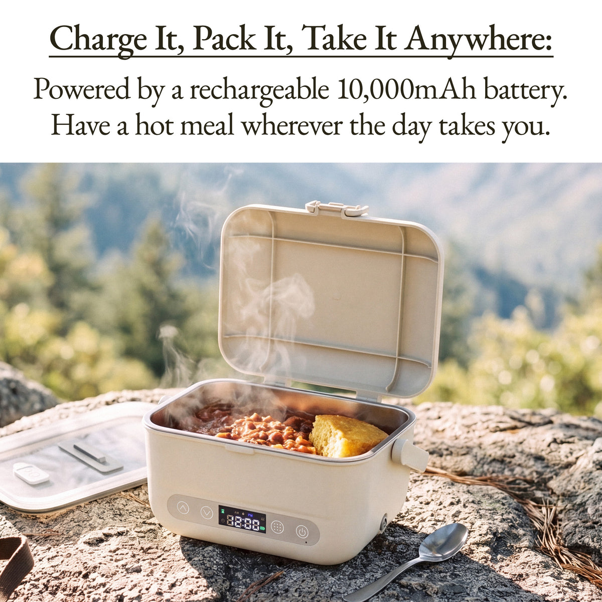 Oatmeal Cordless Heated Lunch Box with a hot meal outdoors on a rock, powered by a rechargeable 10,000mAh battery