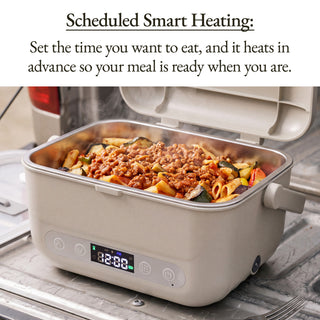 Earl Gray Cordless Heated Lunch Box heating a meal with a scheduled timer so food is ready when you are