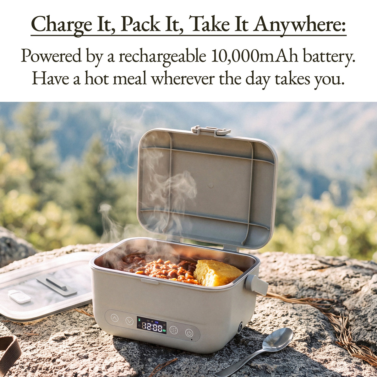 Earl Gray Cordless Heated Lunch Box with a hot meal outdoors on a rock, powered by a rechargeable 10,000mAh battery