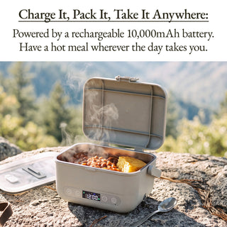 Earl Gray Cordless Heated Lunch Box with a hot meal outdoors on a rock, powered by a rechargeable 10,000mAh battery