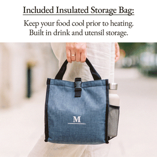 Person carrying the included navy insulated storage bag with built-in drink and utensil storage