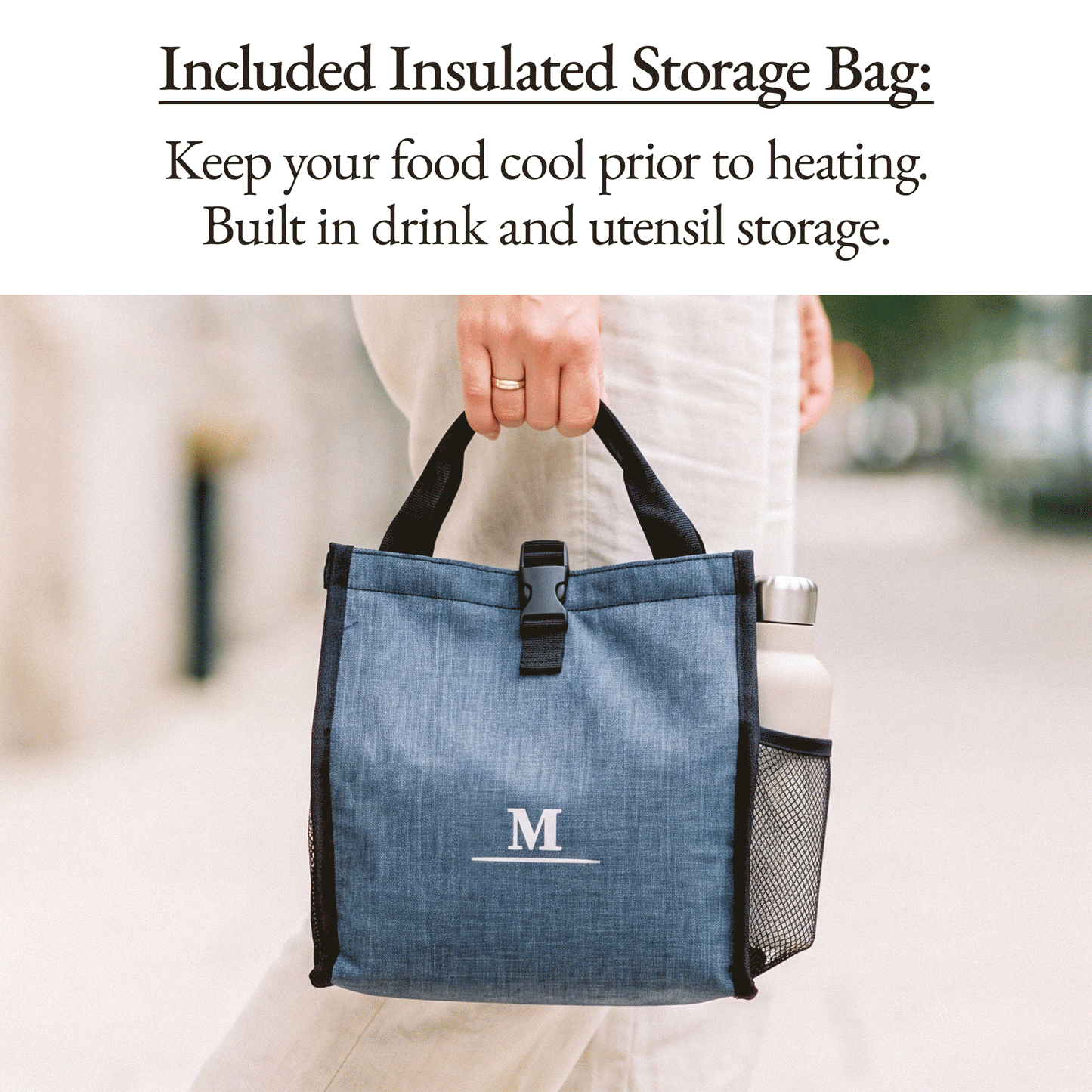Person carrying the included navy insulated storage bag with built-in drink and utensil storage