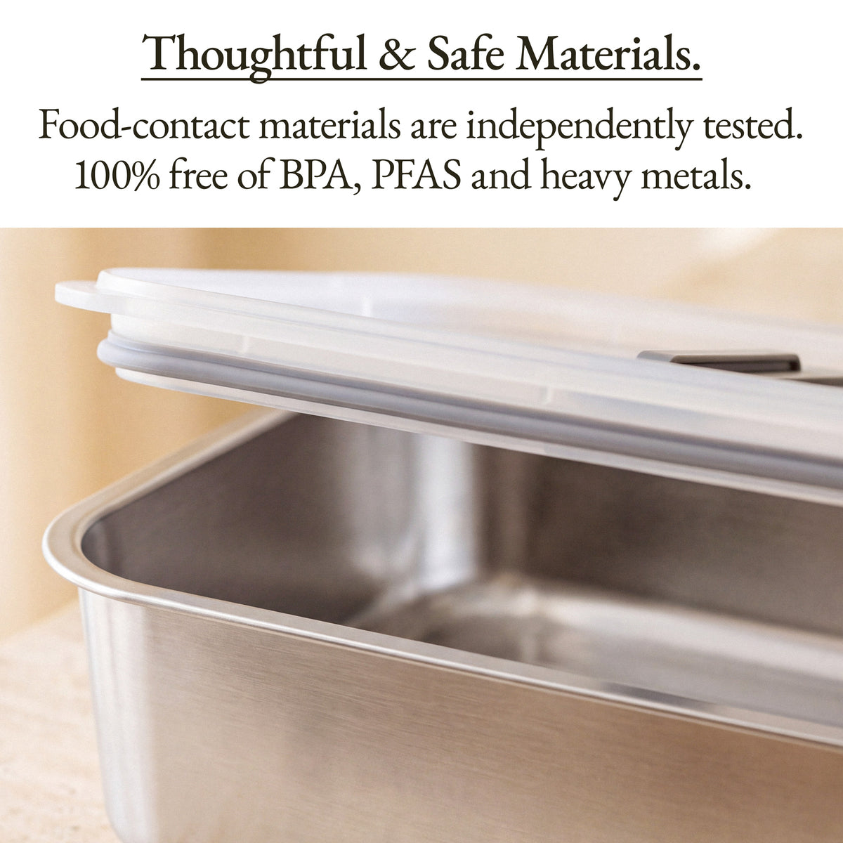 Close-up of the stainless steel food container, independently tested and free of BPA, PFAS and heavy metals