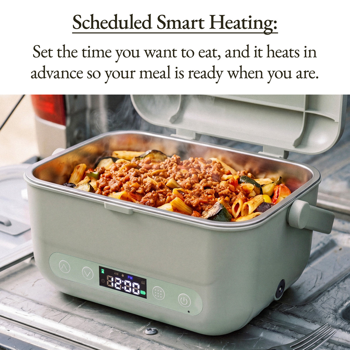 Sage Cordless Heated Lunch Box heating a meal with a scheduled timer so food is ready when you are