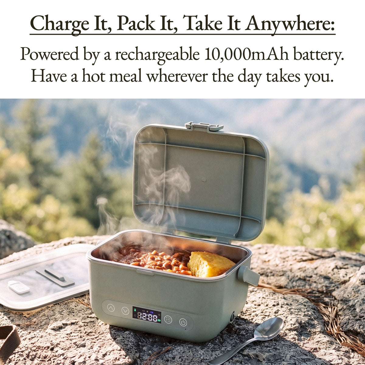 Sage Cordless Heated Lunch Box with a hot meal outdoors on a rock, powered by a rechargeable 10,000mAh battery
