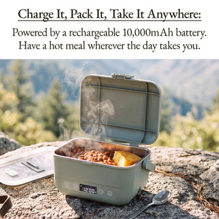 Sage Cordless Heated Lunch Box with a hot meal outdoors on a rock, powered by a rechargeable 10,000mAh battery