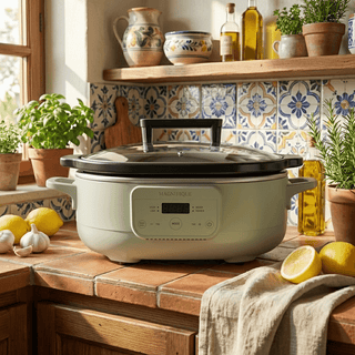 Slow Cookers by Magnifique on a wooden kitchen counter with fresh lemons and herbs, promoting toxin-free kitchen appliances.