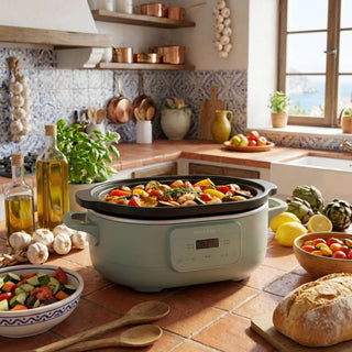 Slow Cookers by Magnifique in a kitchen setting with colorful vegetables and eco-friendly cooking tools nearby.
