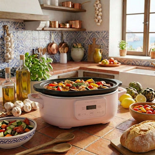 Slow Cookers by Magnifique in a colorful kitchen with fresh vegetables and herbs, ideal for toxin-free cooking.