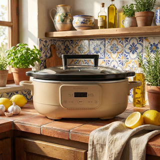 Slow Cookers by Magnifique in a stylish kitchen setting with lemons and herbs, showcasing toxic-free cookware.