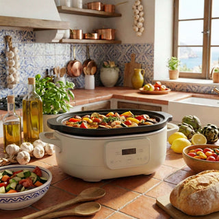 Slow Cookers by Magnifique in a kitchen with fresh vegetables, showcasing eco-friendly cooking style.