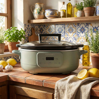 Slow Cookers by Magnifique on a kitchen counter, showcasing an eco-friendly design and non-toxic air fryer features.