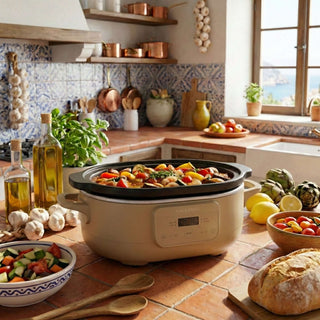 Slow Cookers by Magnifique cooking delicious vegetables in a modern kitchen, featuring eco-friendly and toxic-free cookware.