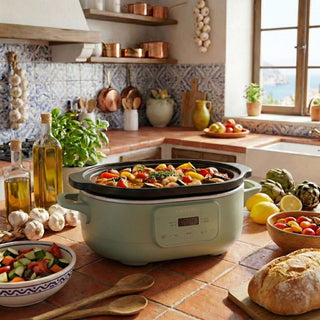 Slow Cookers by Magnifique displayed in a cozy kitchen, highlighting non-toxic air fryer and eco-friendly cookware.