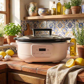 Slow Cookers by Magnifique showcased in a kitchen with lemons and herbs, perfect for toxic-free cookware.