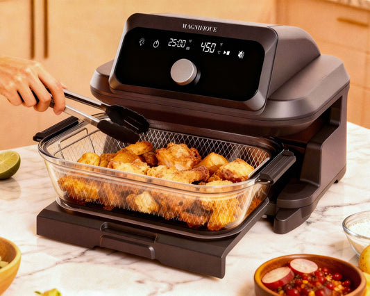 The Casserole Air Fryer cooking delicious meals in a glass container showcasing toxin-free kitchen appliances.