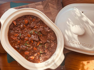The Claypot: Pot & Lid Set filled with stew, showcasing non-toxic air fryer and toxin-free kitchen appliances.