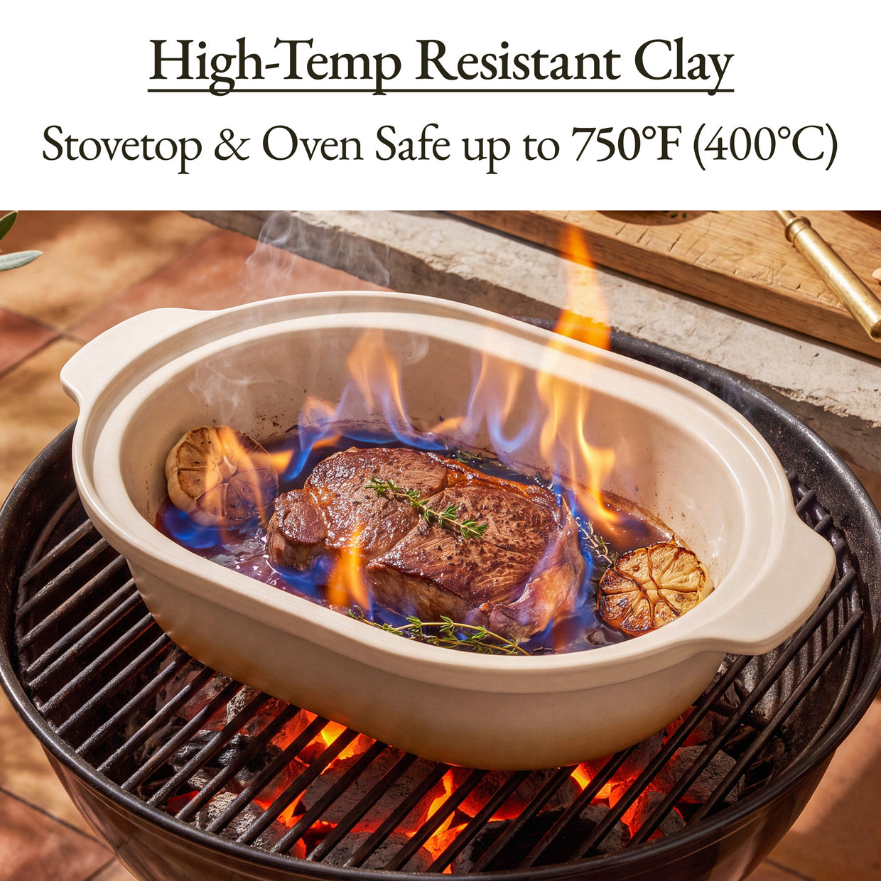 Casserole Claypot Multi-Cooker cooking steak with flames on grill, made from high-temp resistant clay.