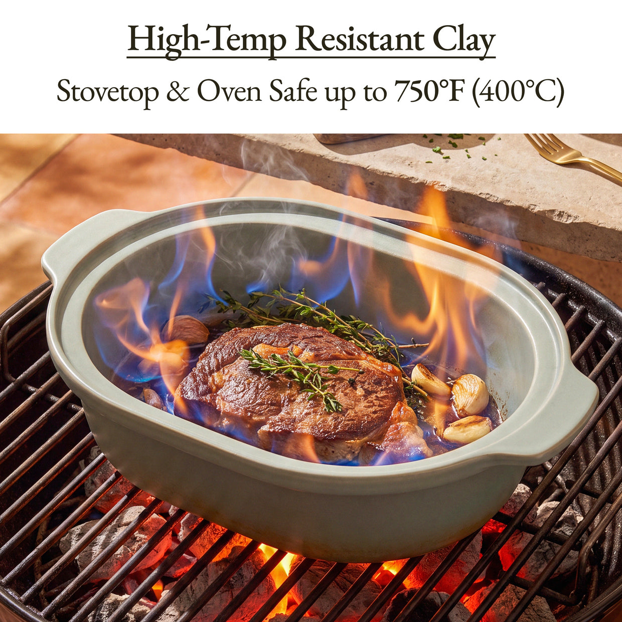 Casserole Claypot Multi-Cooker cooking meat in high-temp resistant clay pot on grill with flames.