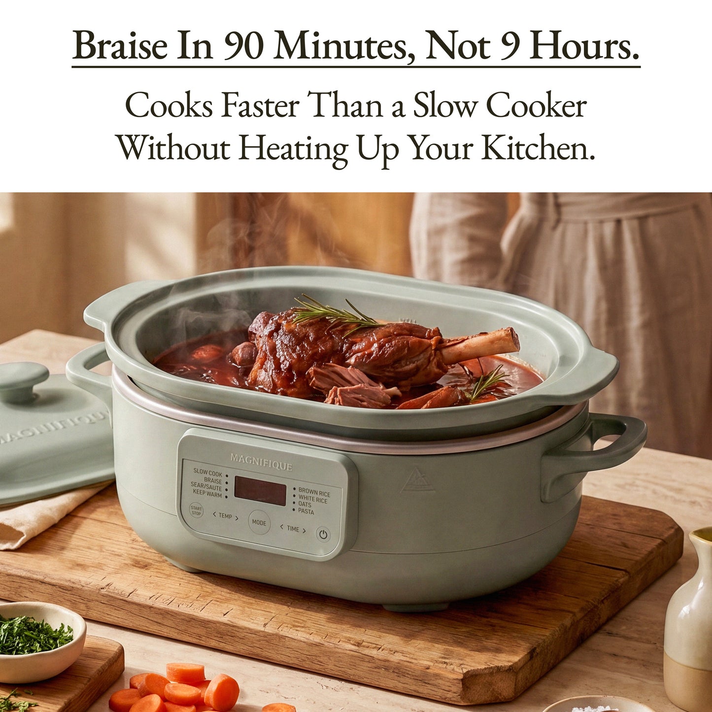 Casserole Claypot Multi-Cooker cooking a meal on a wooden surface, showcasing speed and efficiency in cooking.