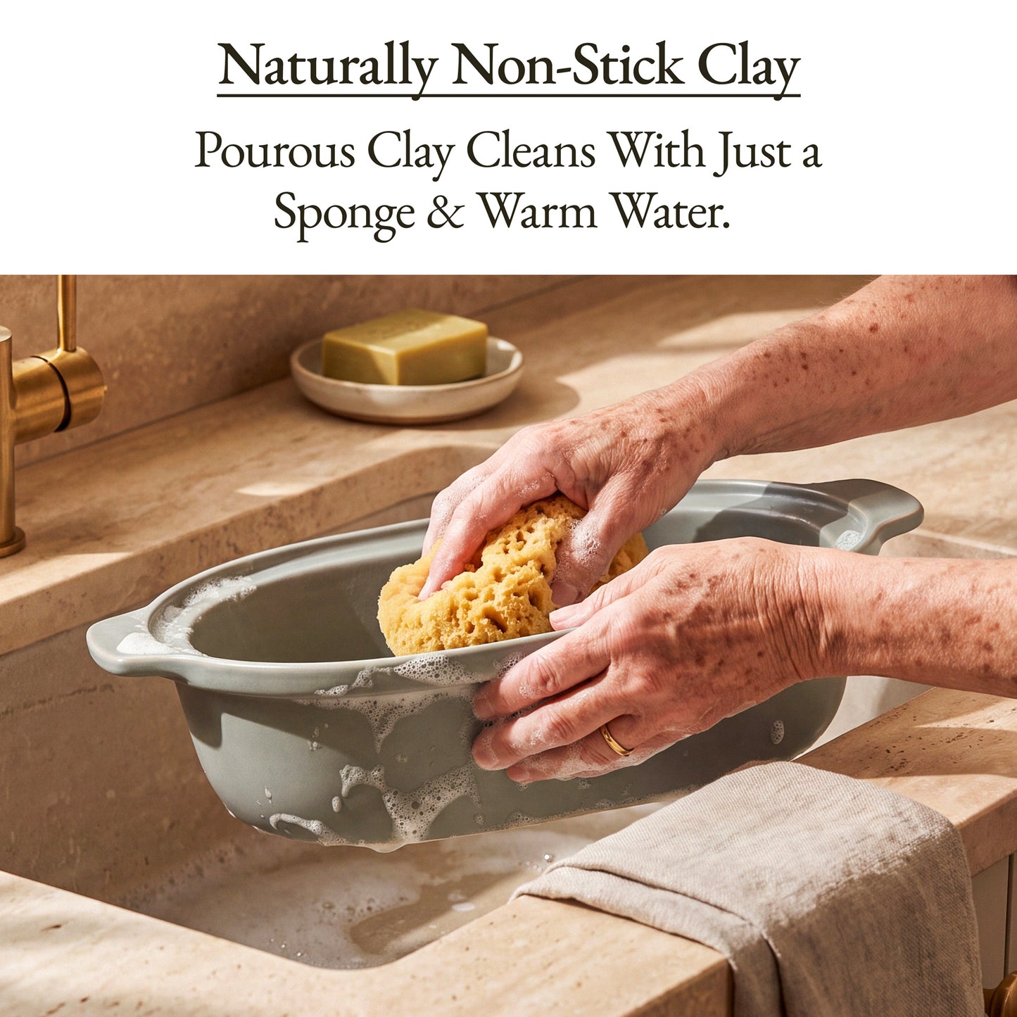 Cleaning a Casserole Claypot Multi-Cooker with a sponge and warm water, showcasing its naturally non-stick clay.