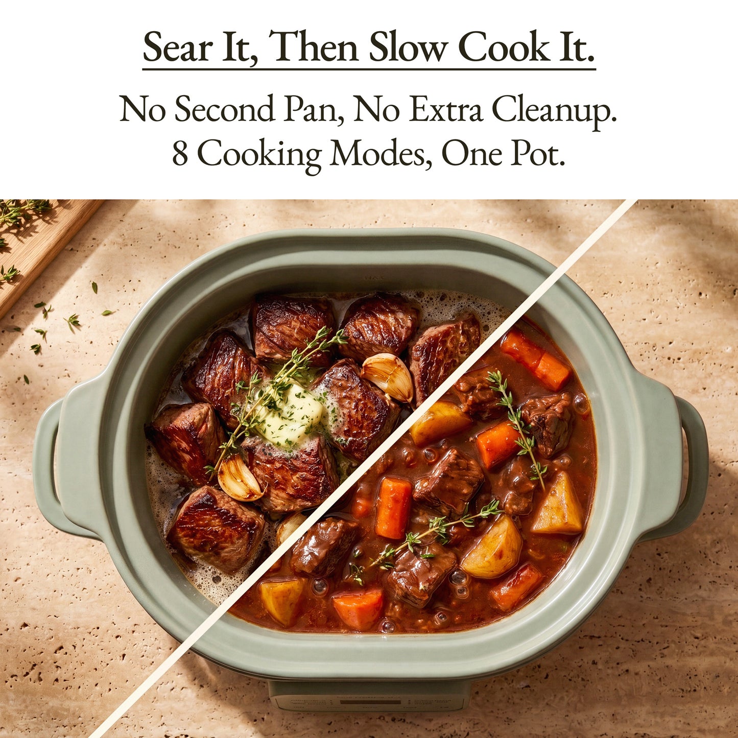 Casserole Claypot Multi-Cooker showcasing seared and slow-cooked meals in one pot for easy cleanup.