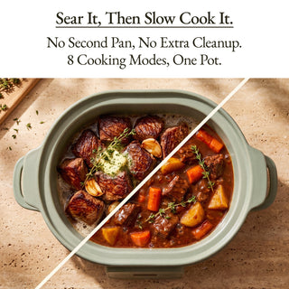 Casserole Claypot Multi-Cooker showcasing seared and slow-cooked meals in one pot for easy cleanup.