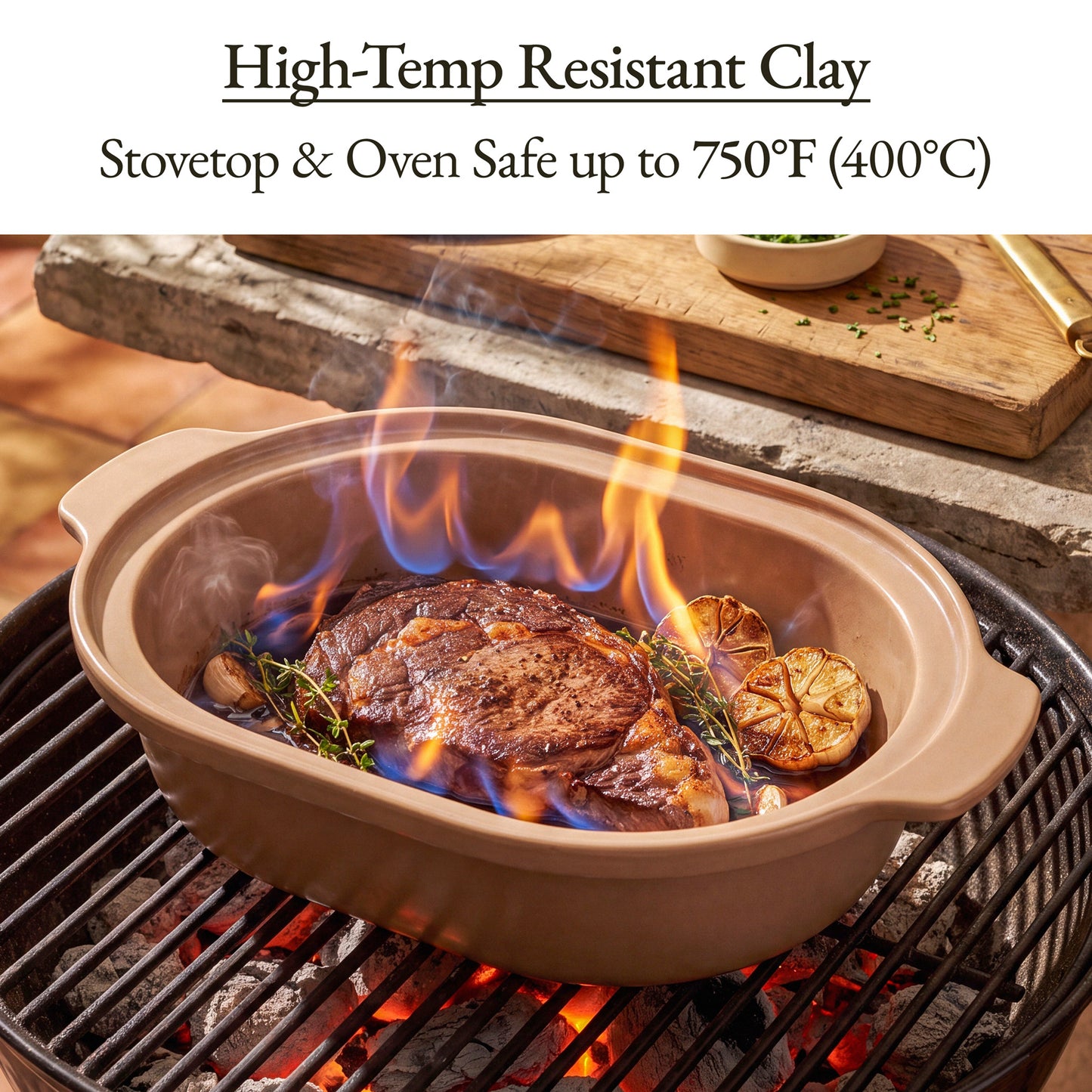 Casserole Claypot Multi-Cooker with high-temp resistant clay cooking steak on grill.