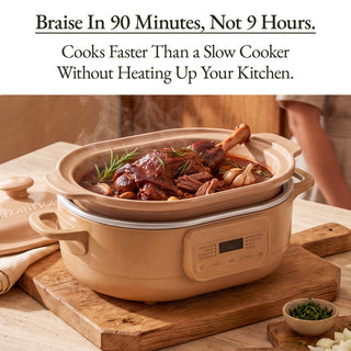 Casserole Claypot Multi-Cooker with slow-cooked meal, showcasing its efficiency and safety features.