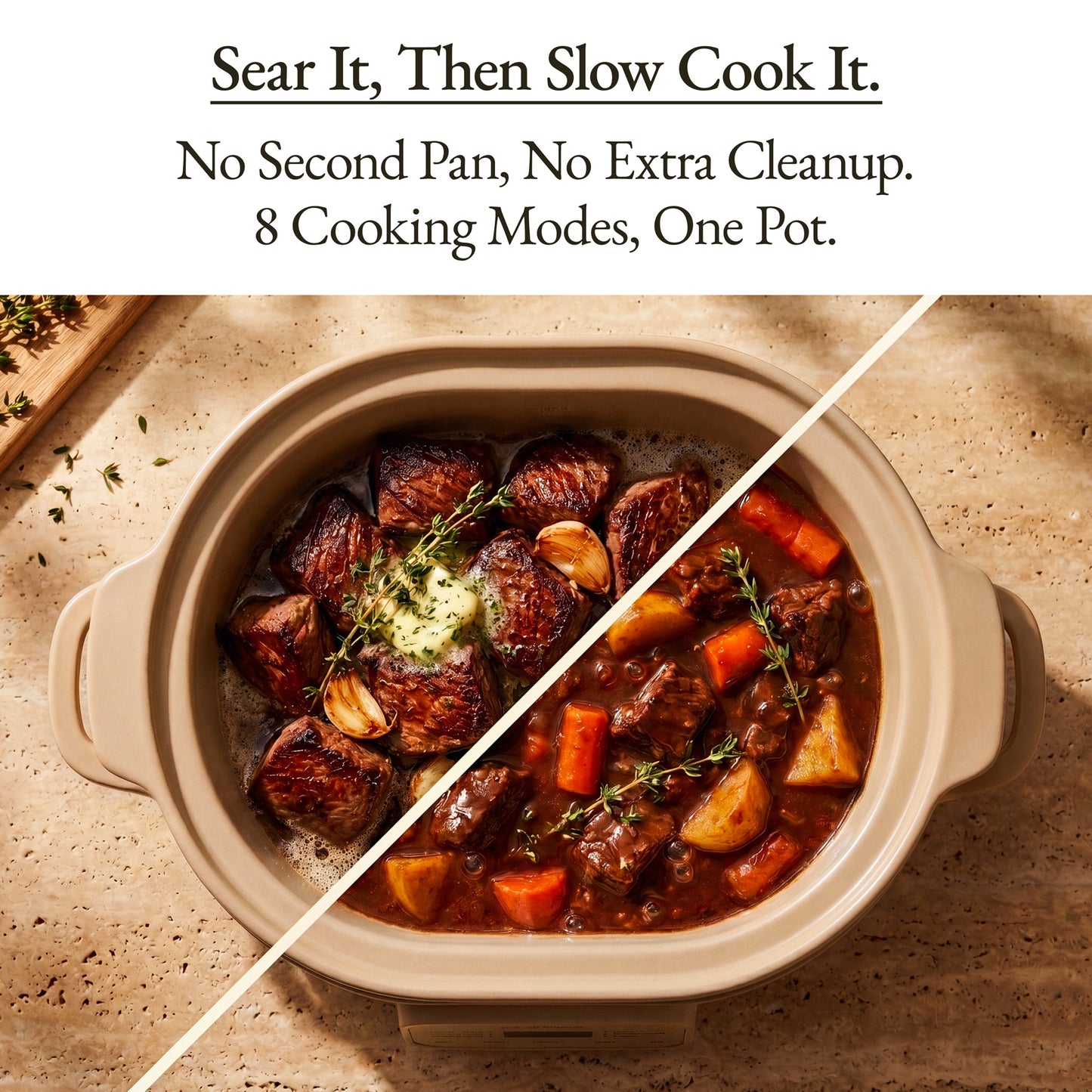 Casserole Claypot Multi-Cooker showing seared meat and slow-cooked stew, highlighting its versatility and single-pot use.