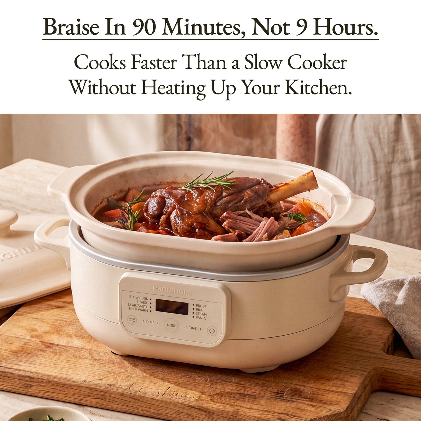 Casserole Claypot Multi-Cooker cooking a delicious meal in just 90 minutes on a wooden surface.