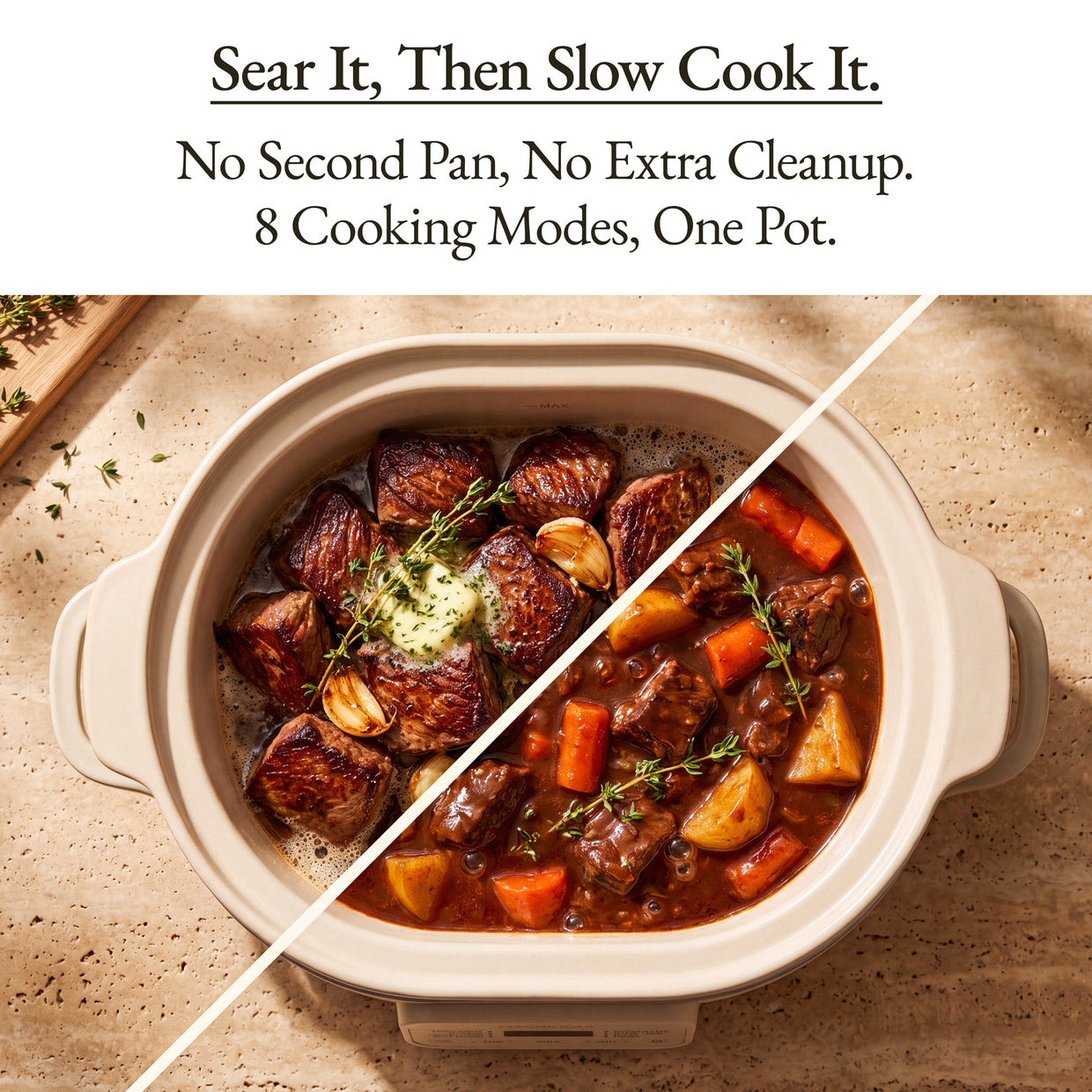 Casserole Claypot Multi-Cooker showing seared meat and slow-cooked stew, highlighting its 8 cooking modes.