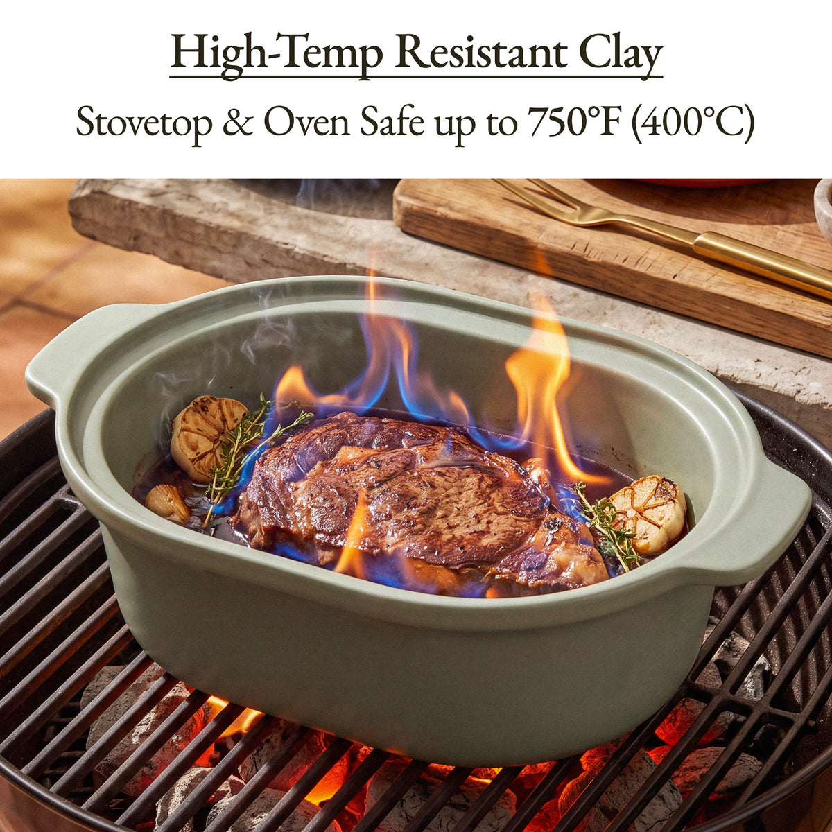 Sage Casserole Claypot Multi-Cooker pot searing a steak over open flames, stovetop and oven safe up to 750°F