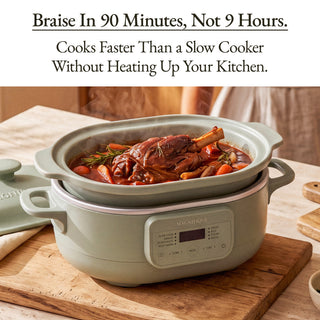 Sage Casserole Claypot Multi-Cooker with braised beef, braises in 90 minutes instead of 9 hours