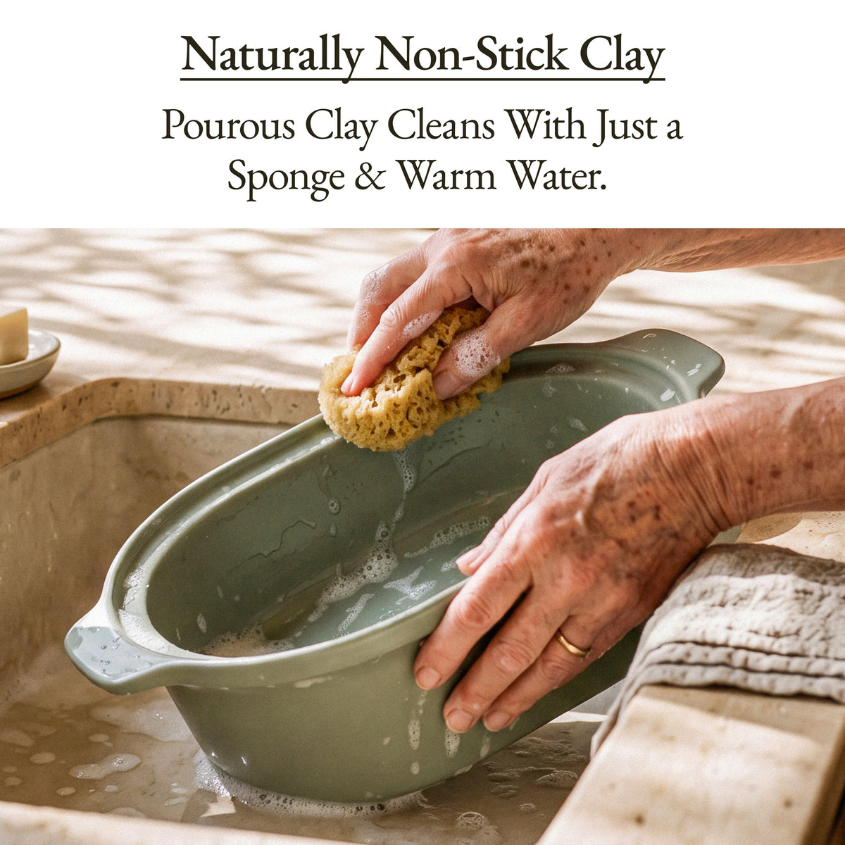 Hands washing the Sage Claypot pot with a sponge and warm water in a sink, naturally non-stick clay